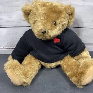 Vermont Teddy Bear Brown Jointed Plush Stuffed Animal Black Shirt Red Heart 16"